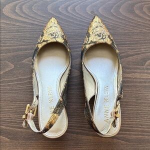 Anne Klein Jacquard Dark and Gold Pointed-Toe Slingback Flats